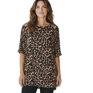 Cable & Gauge Womens Leopard Print Tunic Top XL Brown/Black 3/4 Sleeve Boat Neck